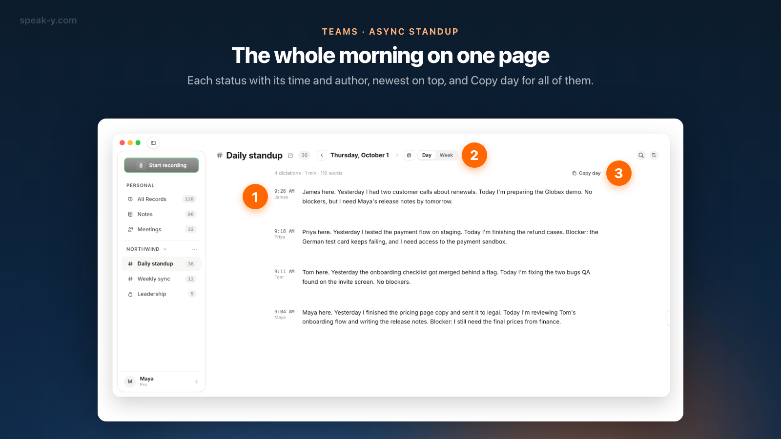 Feed de un canal de Speak-Y en la vista Día con cuatro estados de la daily