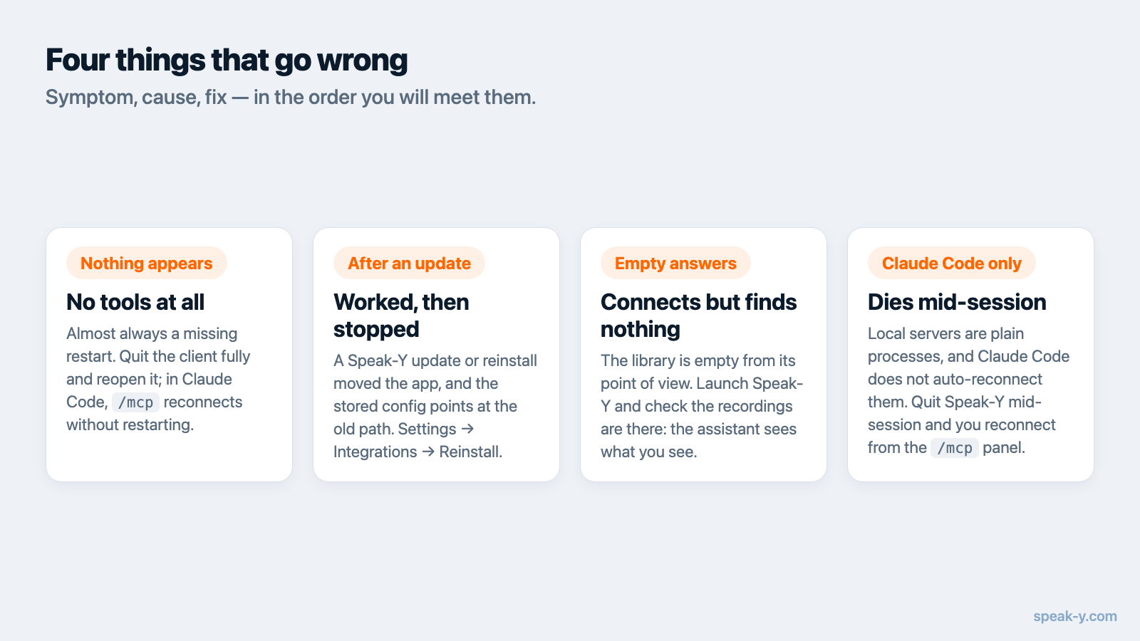 Four common MCP failures with their causes and fixes