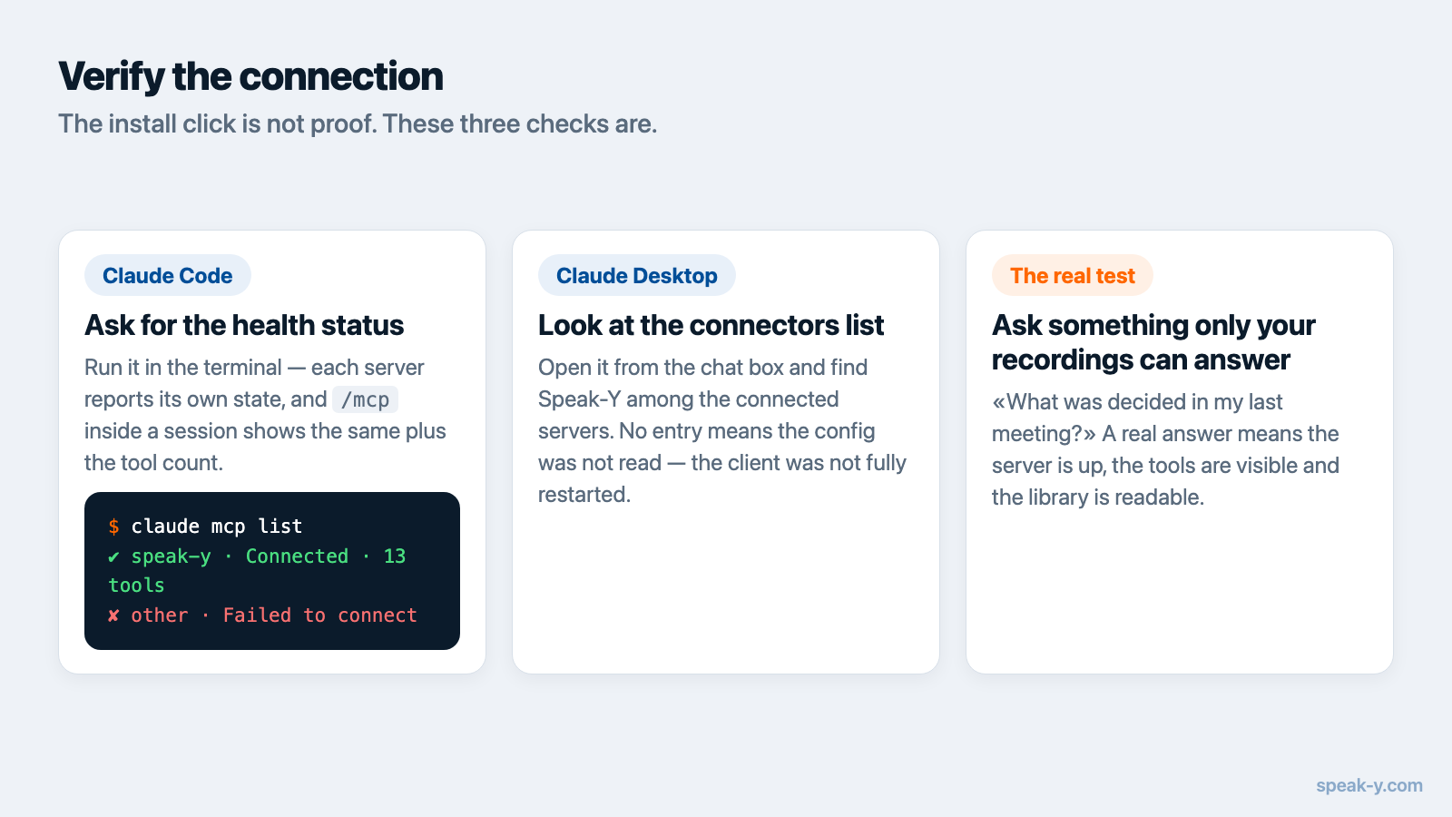 Three ways to check the MCP connection: the health command, the connectors list, and a real question
