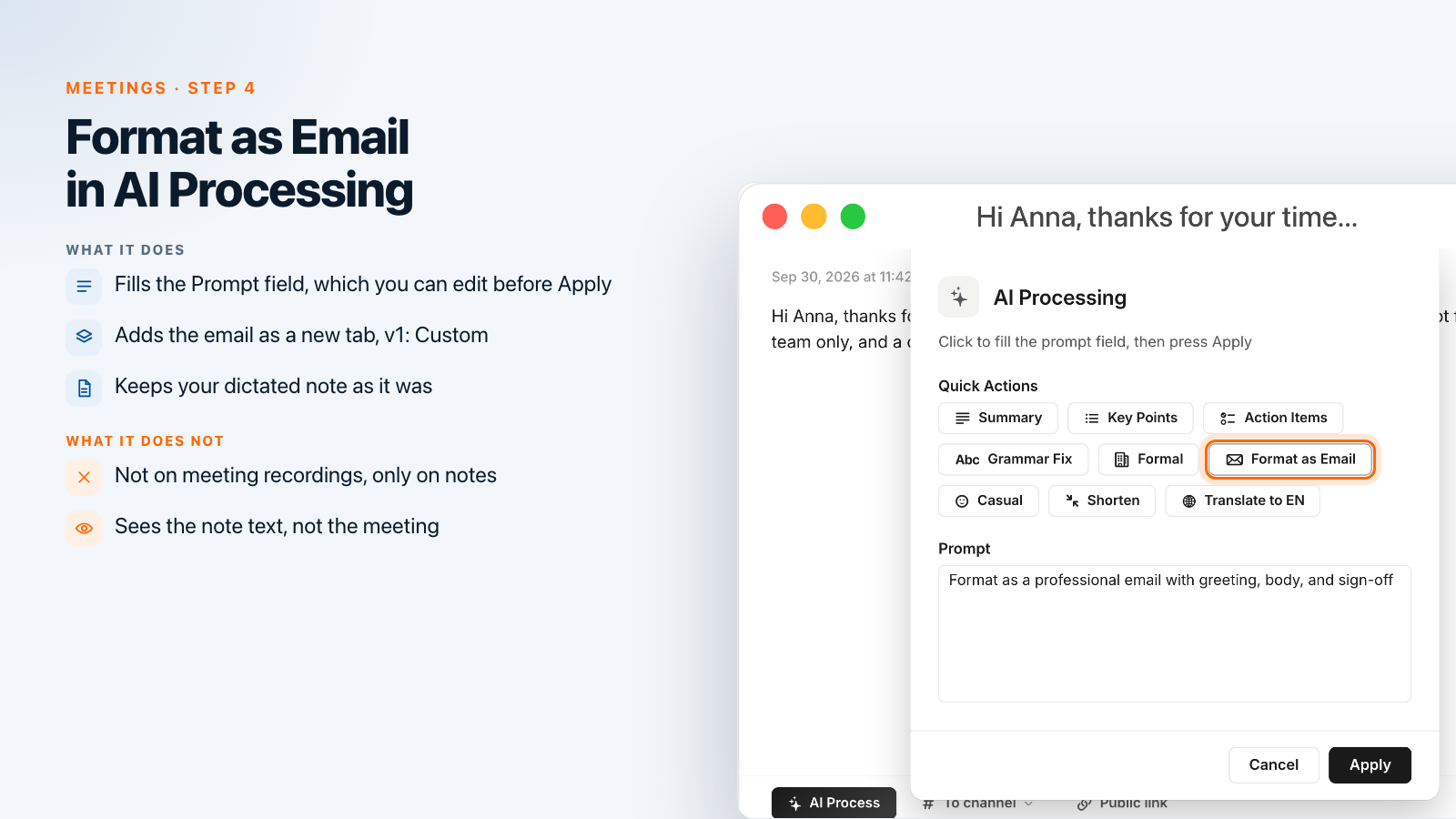 La finestra Elaborazione IA di Speak-Y con l'azione rapida Formatta come email