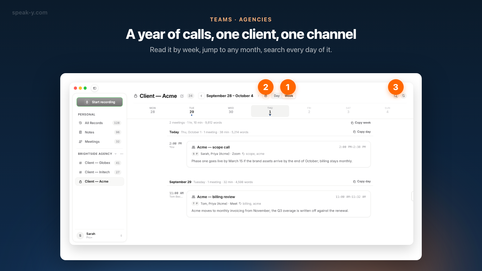 Speak-Y channel feed of a client channel on the Week view, with the Day/Week switch, the calendar button and the search button marked