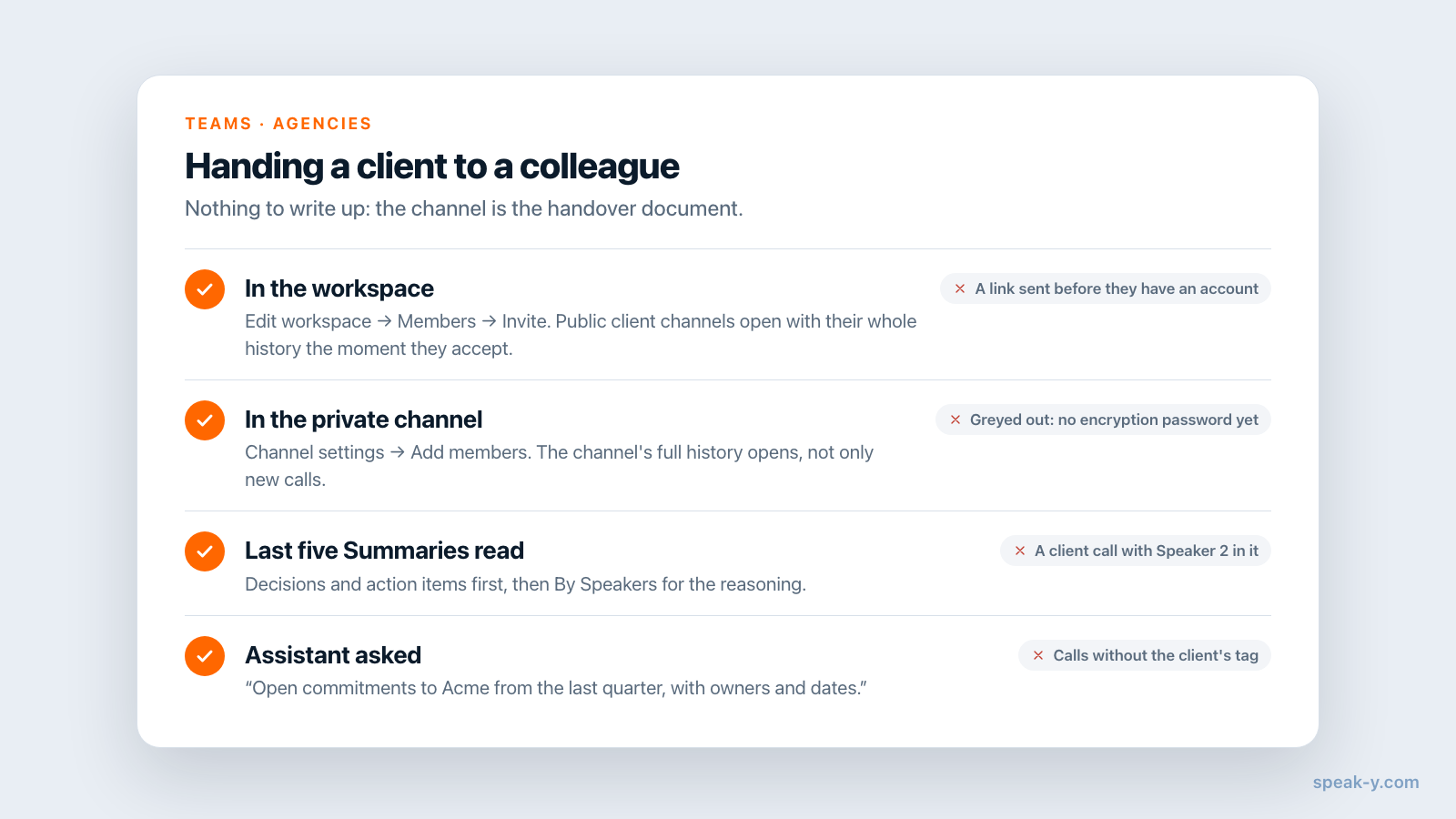 Handover checklist: invite to the workspace, add to the private channel, read the last five summaries, ask the assistant