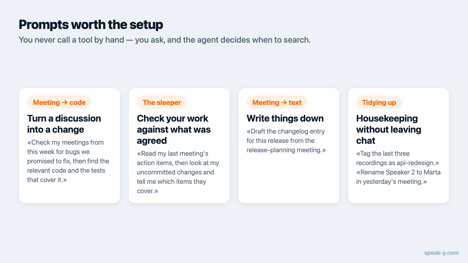 Four kinds of prompts that link meetings to code in Cursor