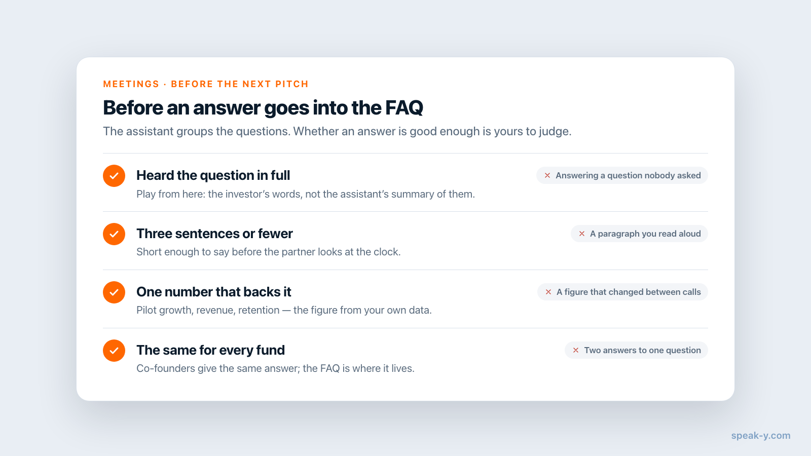 Checklist before a rewritten answer goes into the pitch FAQ