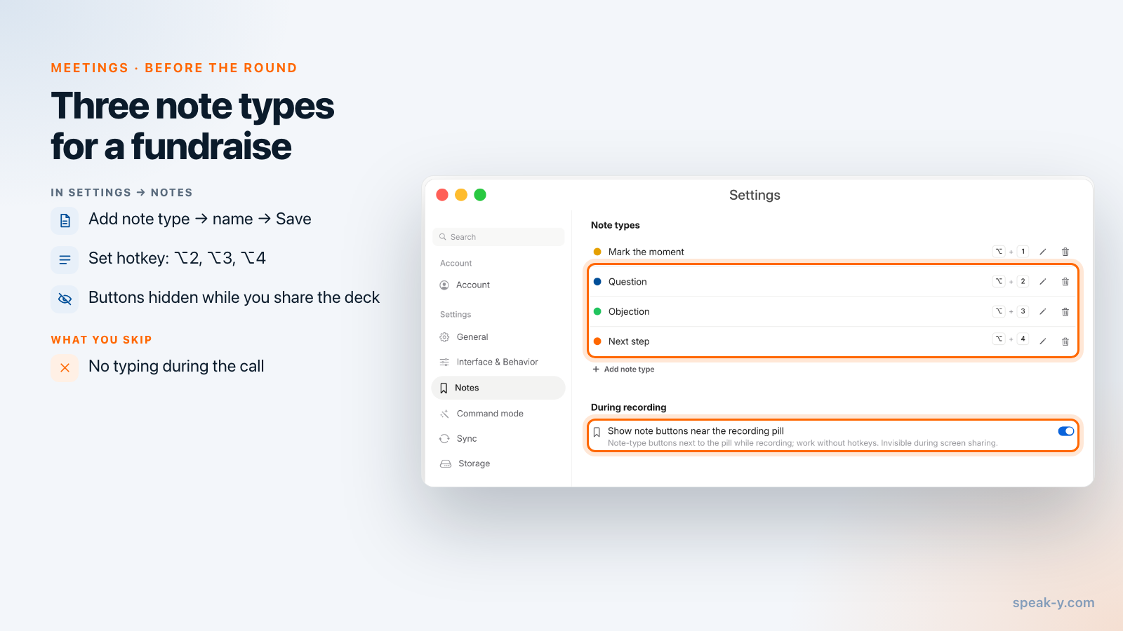 Speak-Y Settings, Notes section, with the note types Question, Objection and Next step and their hotkeys