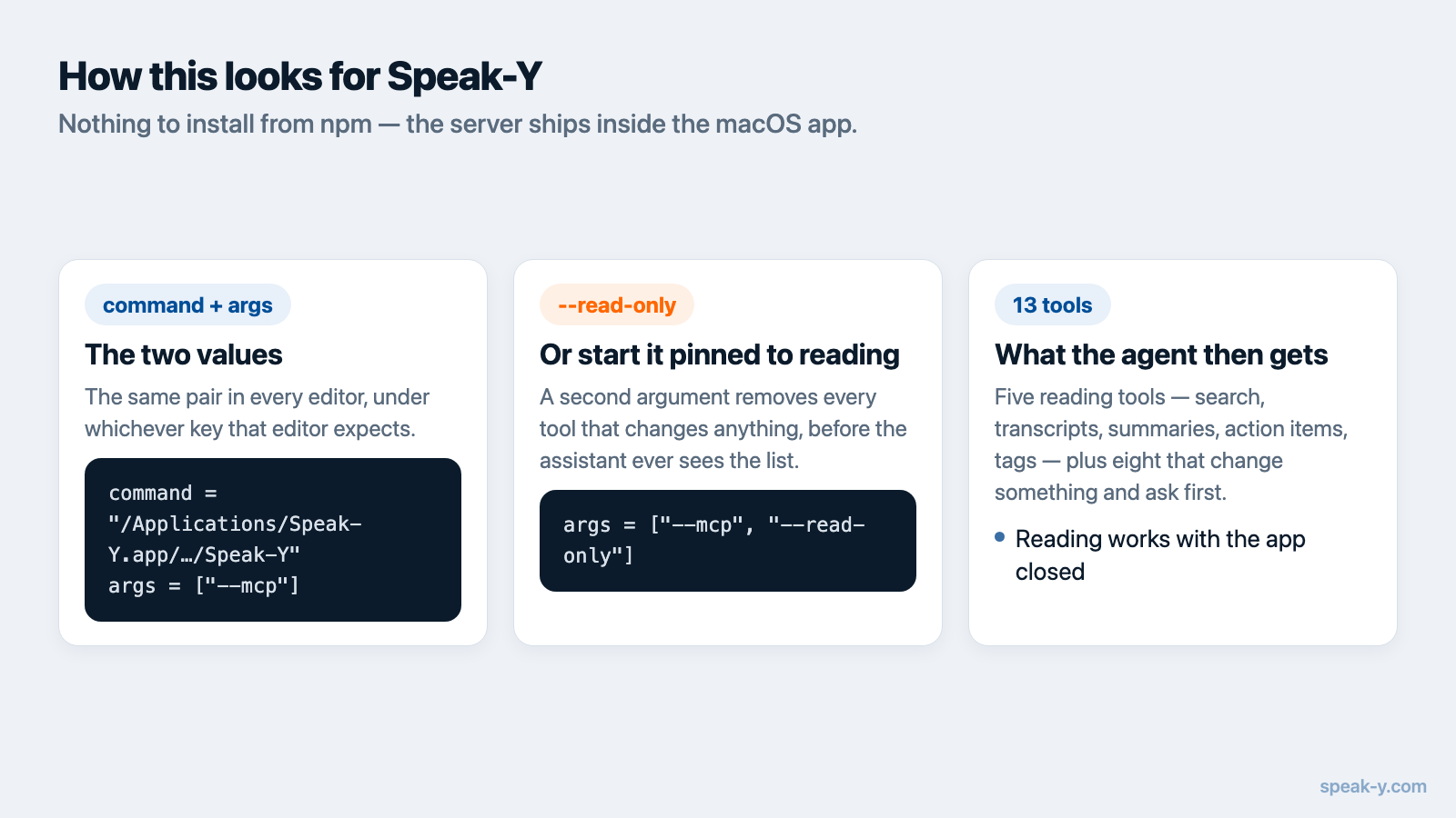 Схема записи MCP для Speak-Y, флага «только чтение» и тринадцати инструментов