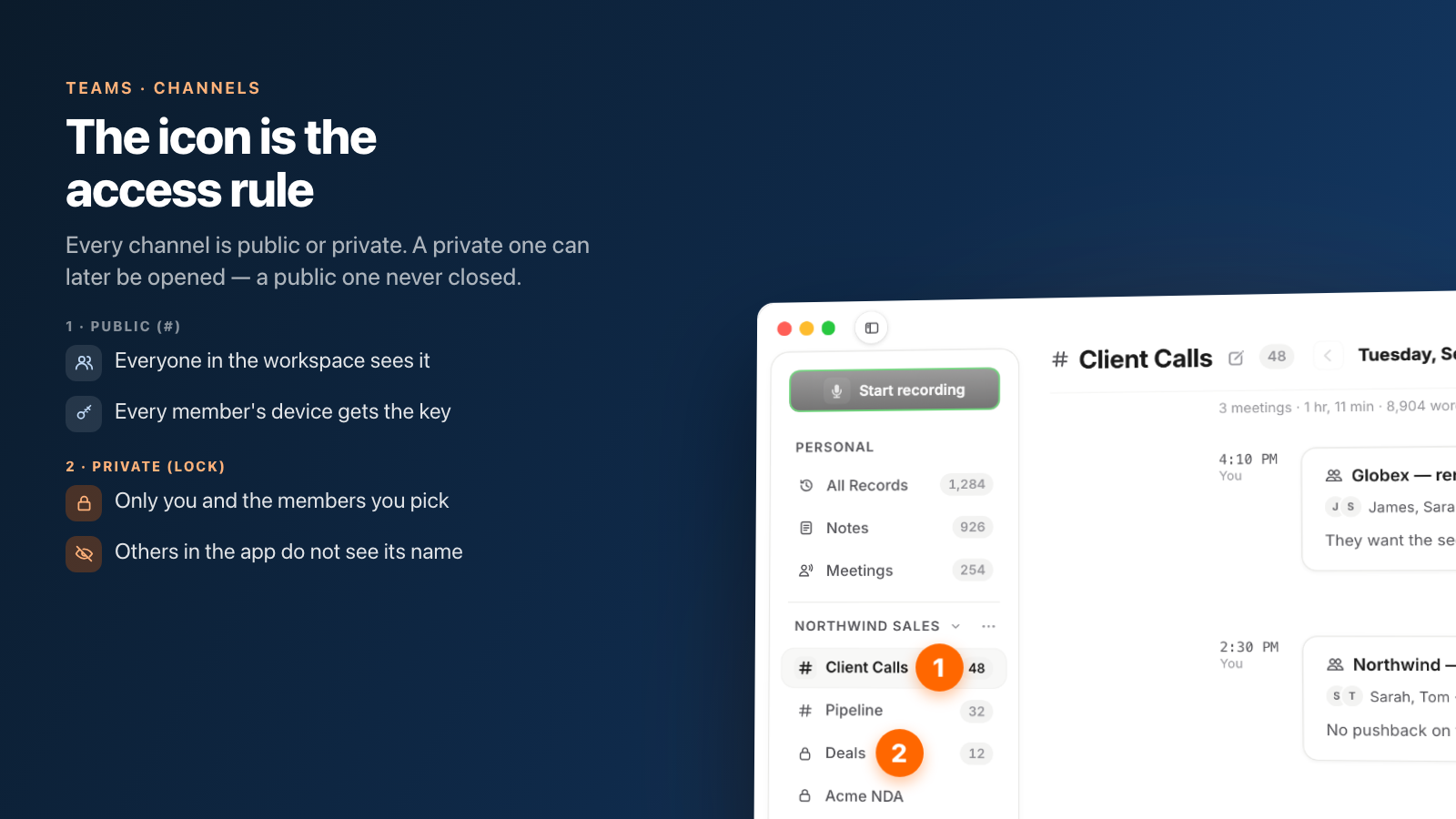 Speak-Y sidebar with public and private channels in a workspace