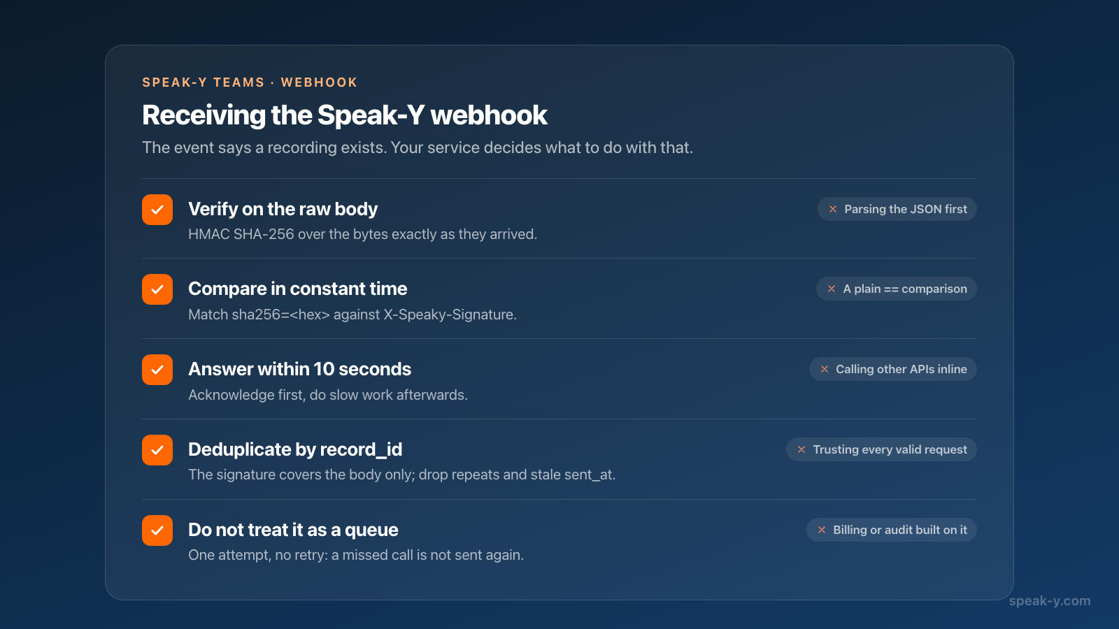 Cinque controlli per un servizio che riceve il webhook di Speak-Y