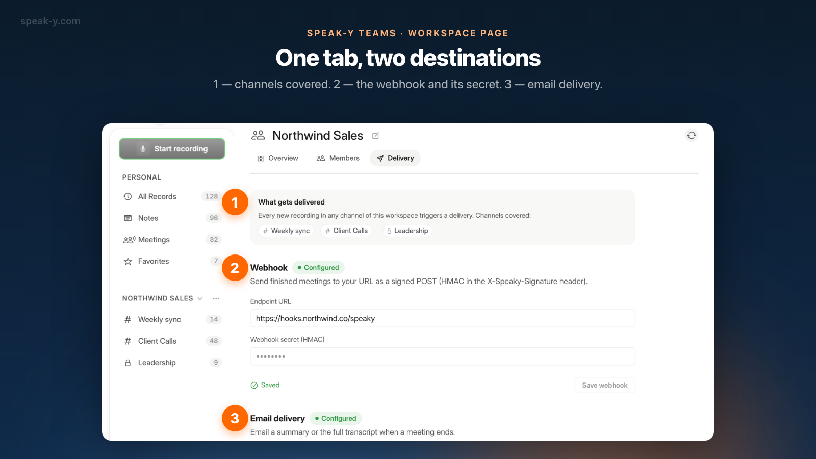 La scheda Consegna di uno spazio di lavoro Speak-Y con il riquadro di copertura, il blocco Webhook e il blocco Email delivery