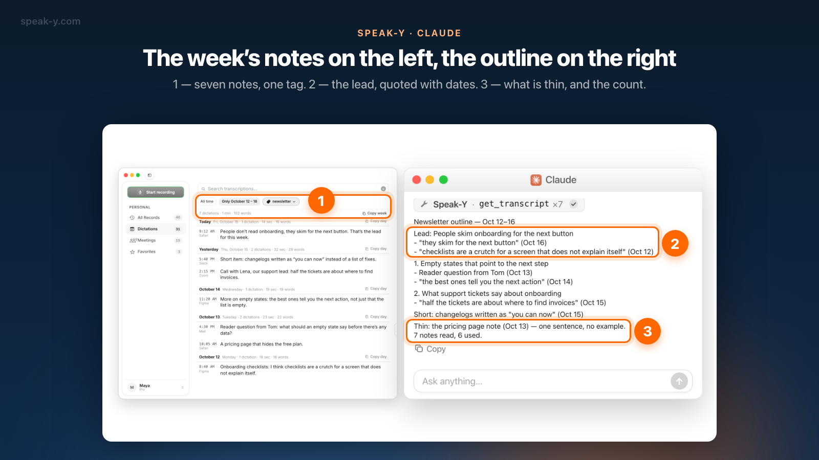 Speak-Y neben Claude: die Diktate der Woche mit dem Tag newsletter und die daraus erstellte Gliederung