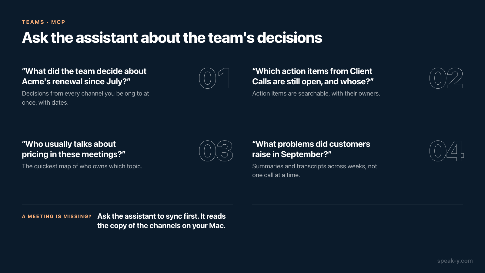 Questions a new hire can ask an AI assistant about the team's meetings