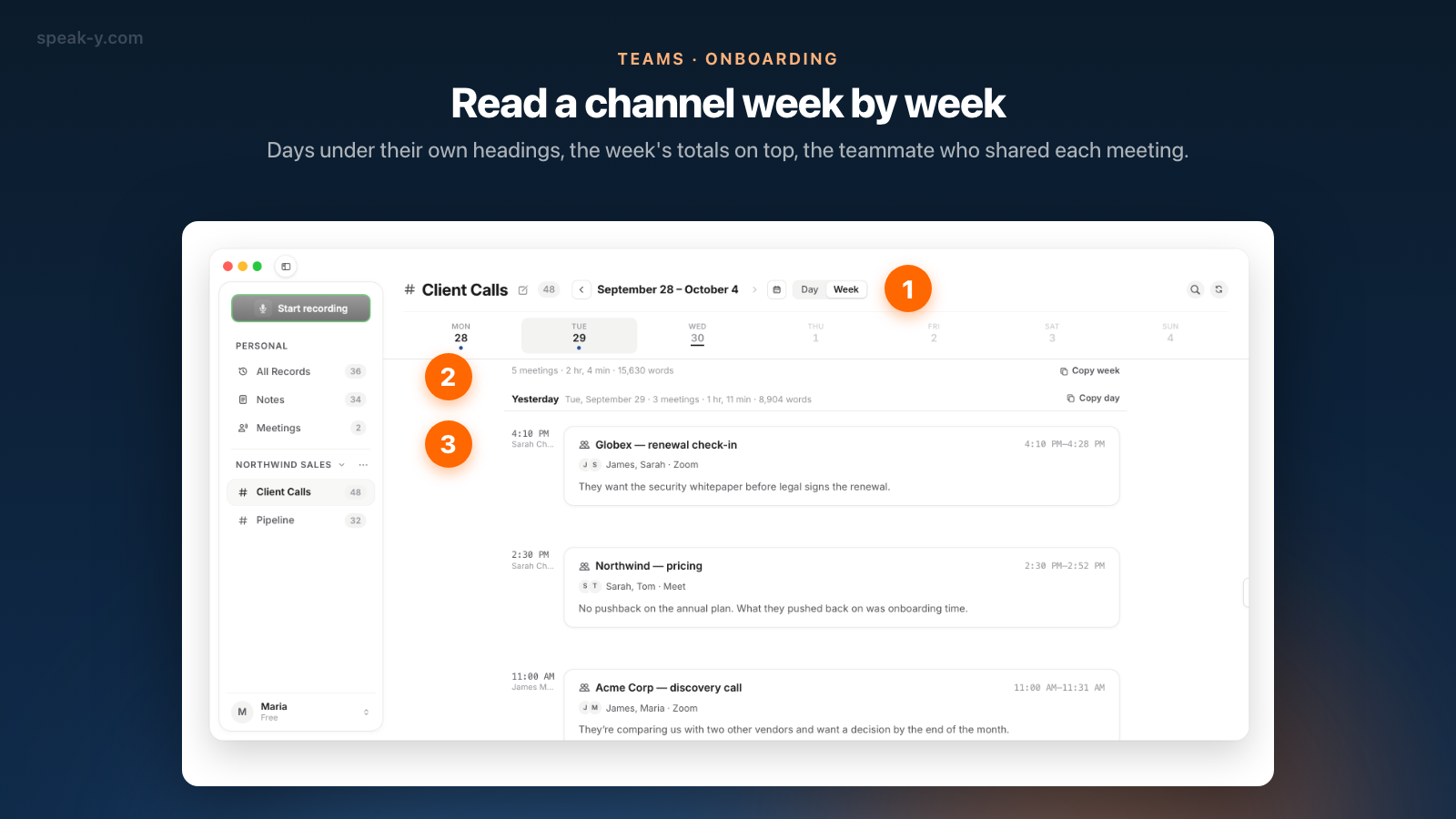 Speak-Y channel feed on the Week view: days with headings, a weekday strip and the week's totals