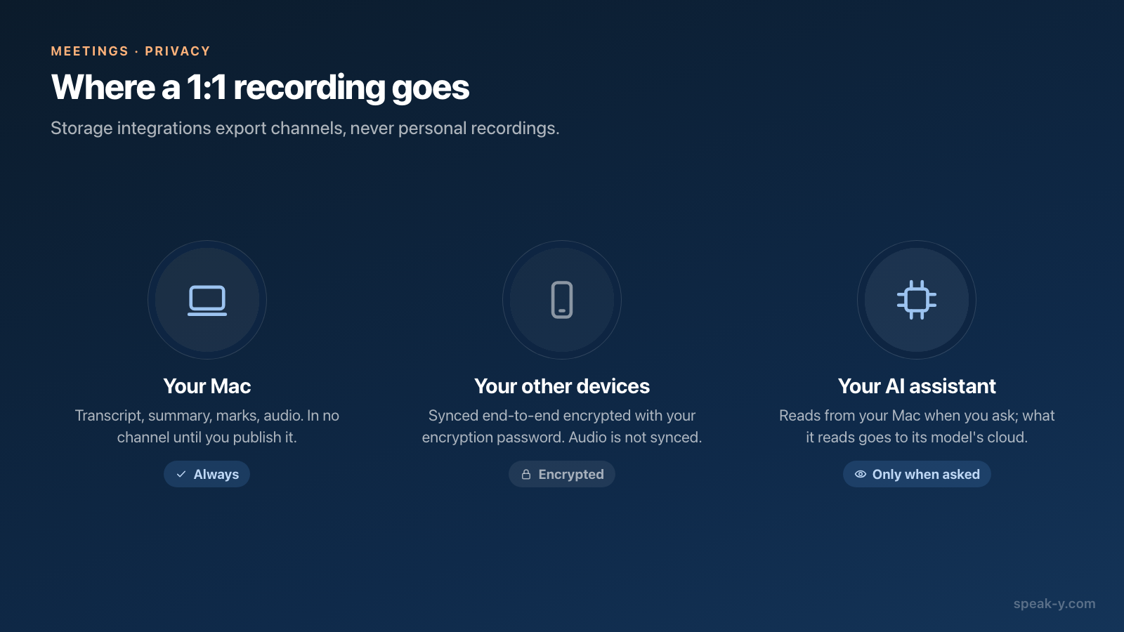 Dove va la registrazione di un one-to-one: il Mac, gli altri dispositivi, l'assistente IA