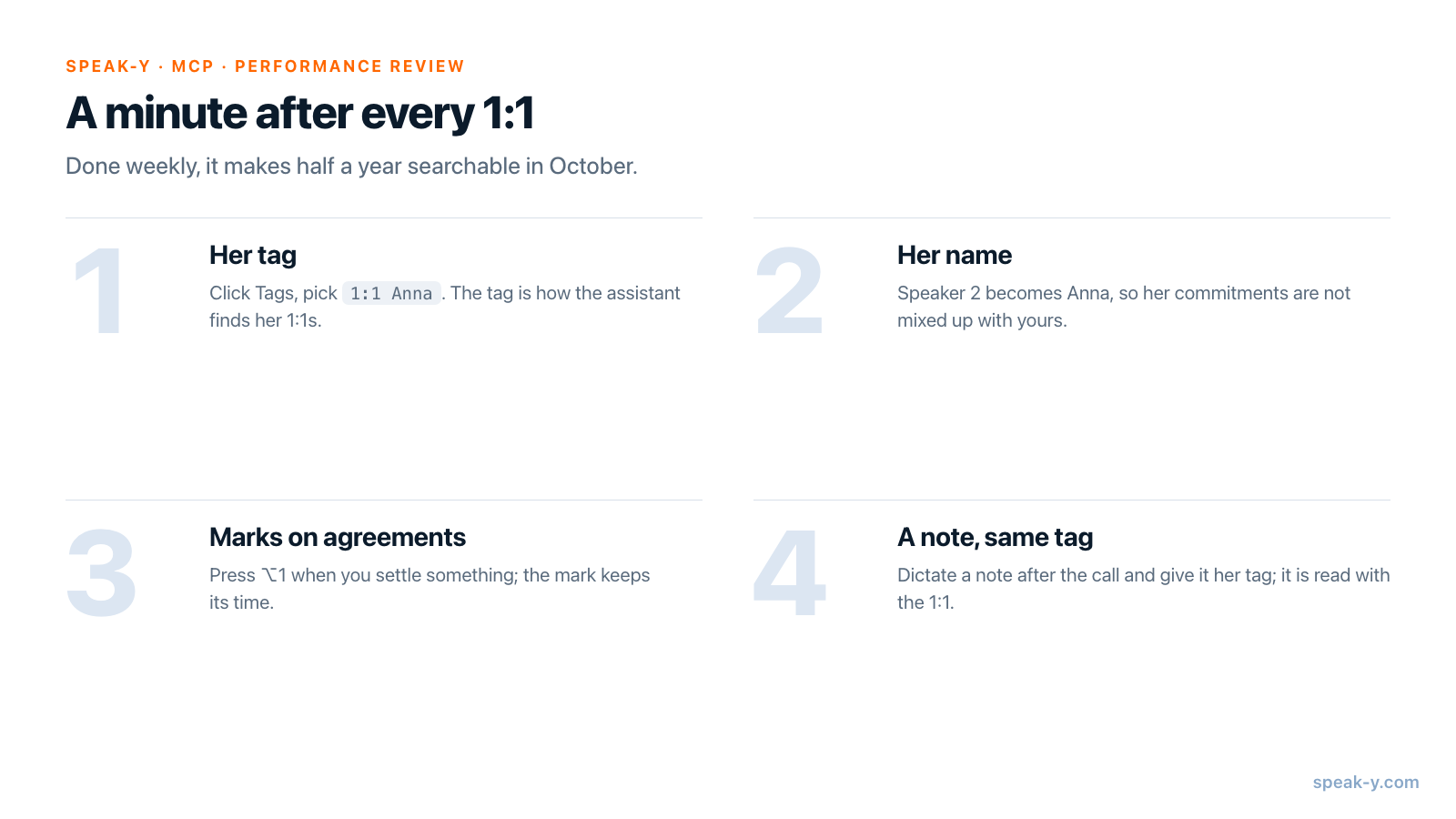 Four habits during the half year: her tag, her name, marks on agreements, a dictated note with the same tag