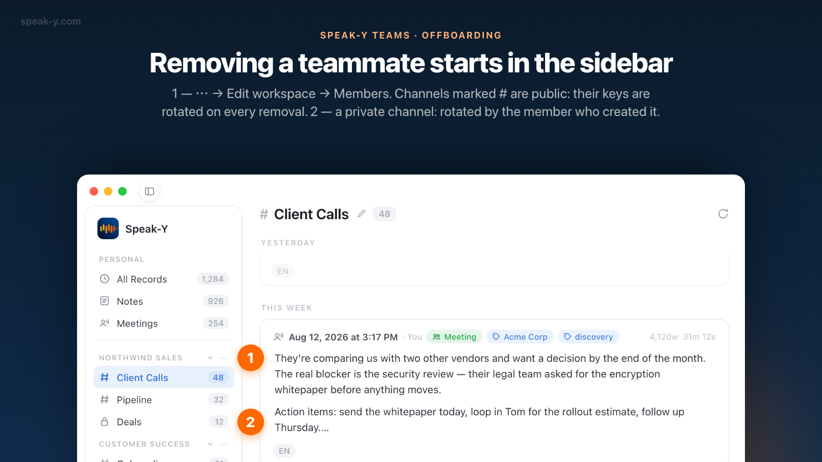 The Speak-Y sidebar with a team workspace, its public channels and a private channel