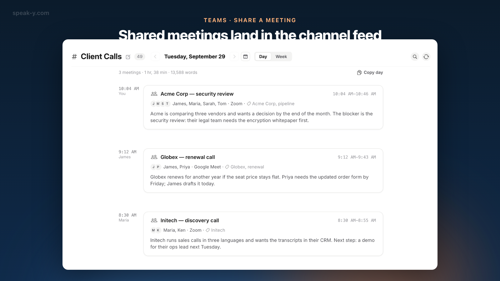 Speak-Y channel feed with shared meetings as cards