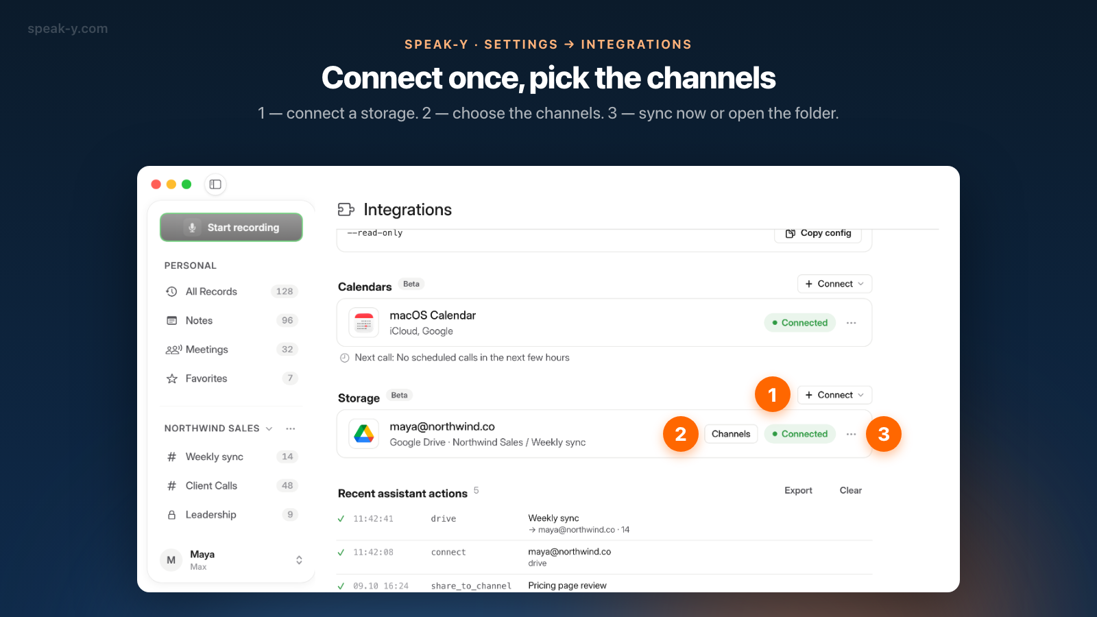 The Storage group of Settings → Integrations in Speak-Y with a connected Google Drive row