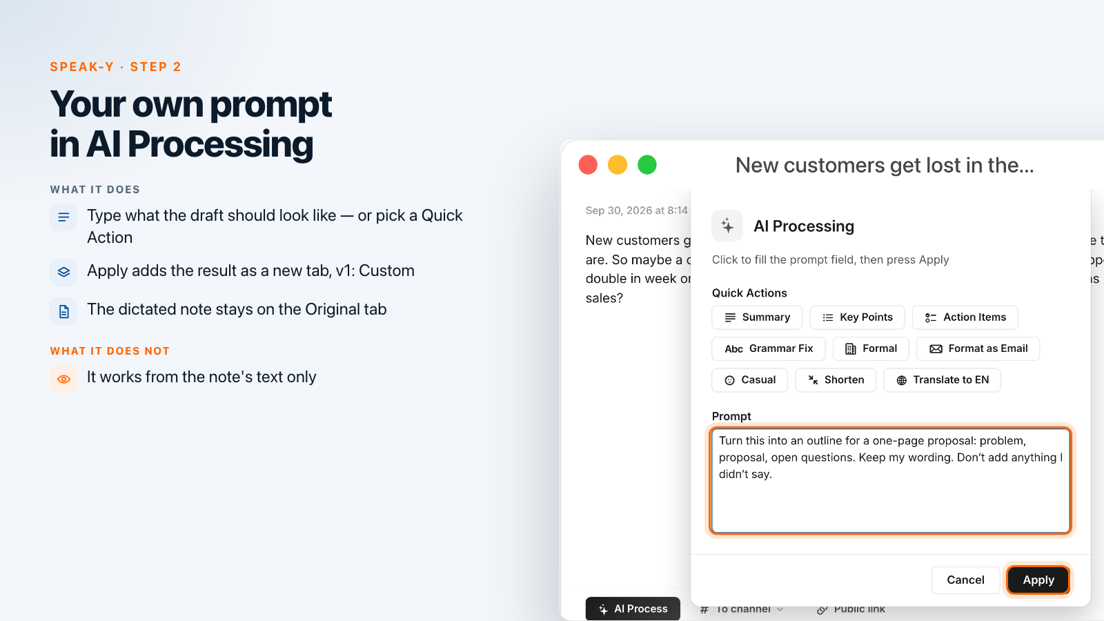 The AI Processing window in Speak-Y with a custom prompt for an outline