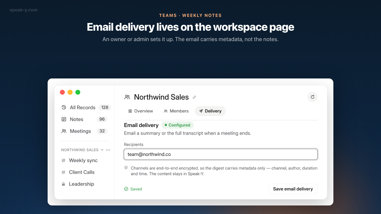 Workspace-Seite in Speak-Y, Tab Zustellung mit Email delivery